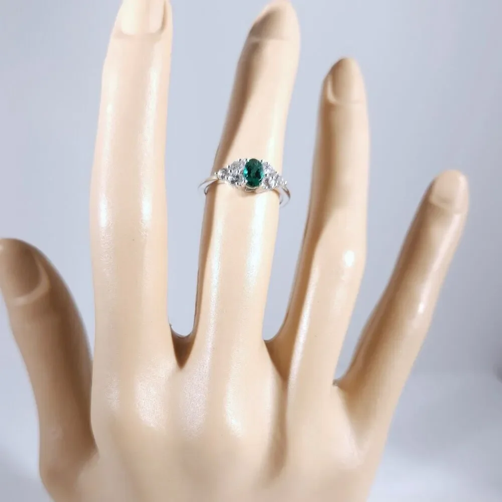 Emerald and White Topaz Ring Sterling Silver Size 9-1/4